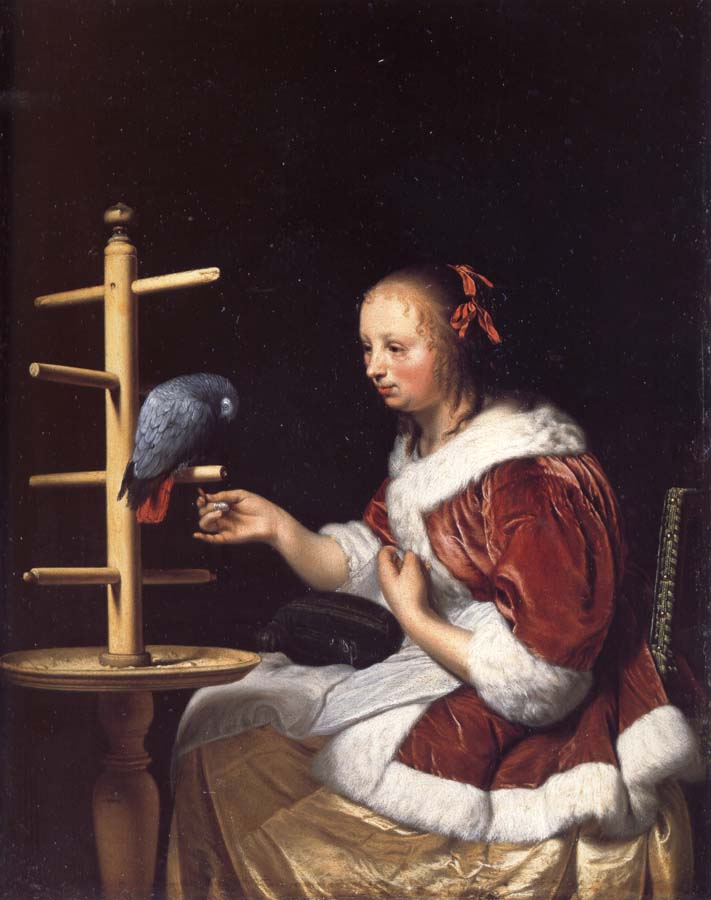 MIERIS, Frans van, the Elder A Woman in a Red Jacket Feeding a Parrot